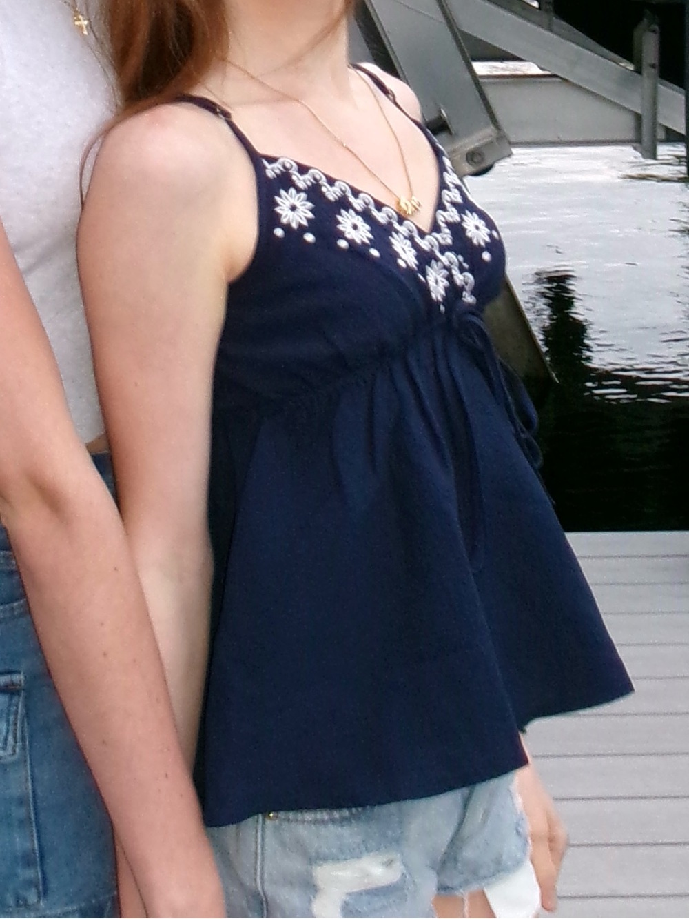 Women’s Navy Embroidered V-Neck Tank Top - Picture 2 of 5
